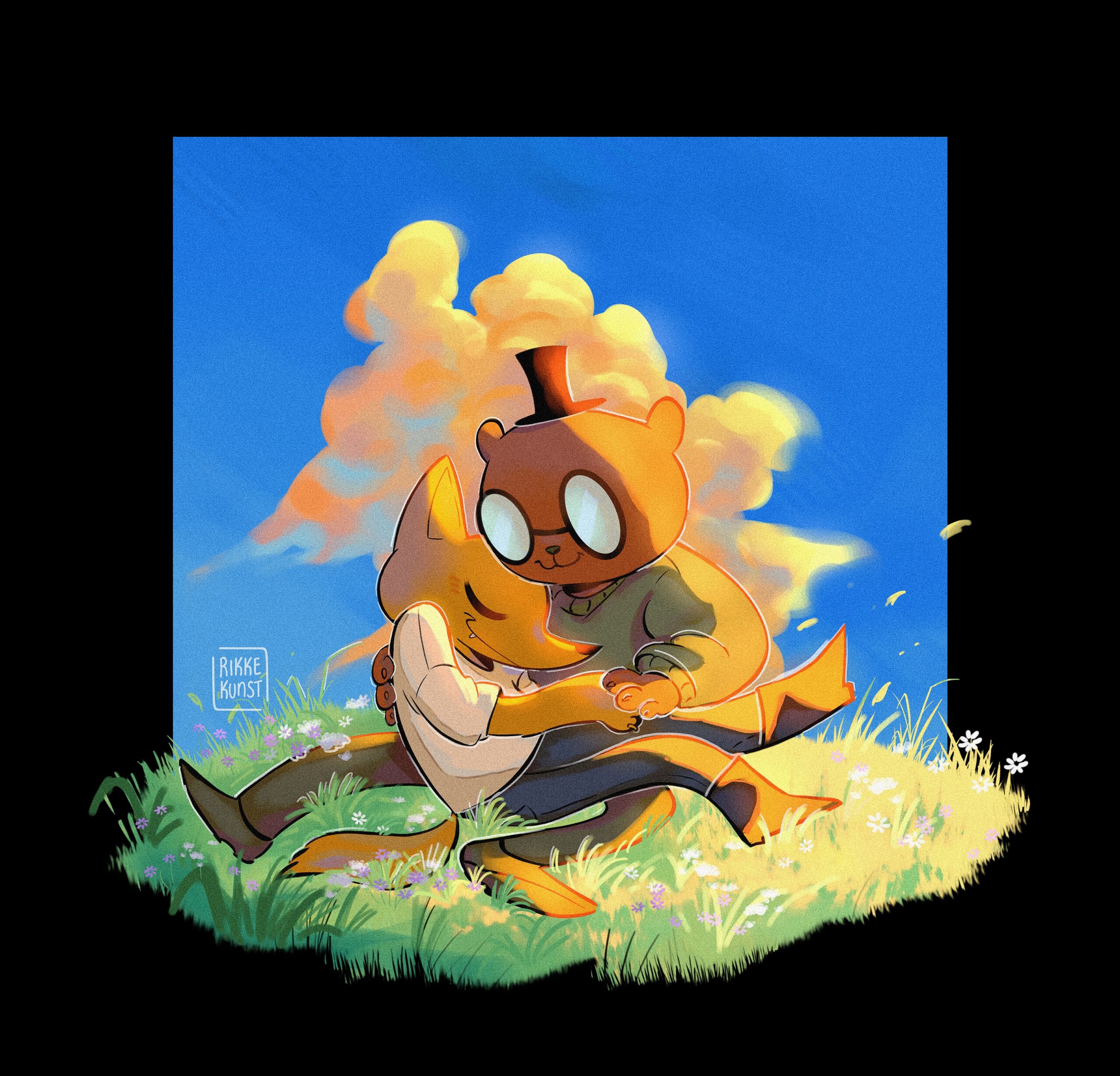a fanart illustration of Gregg and Angus from night in the woods sitting on a grass olane and holding each other