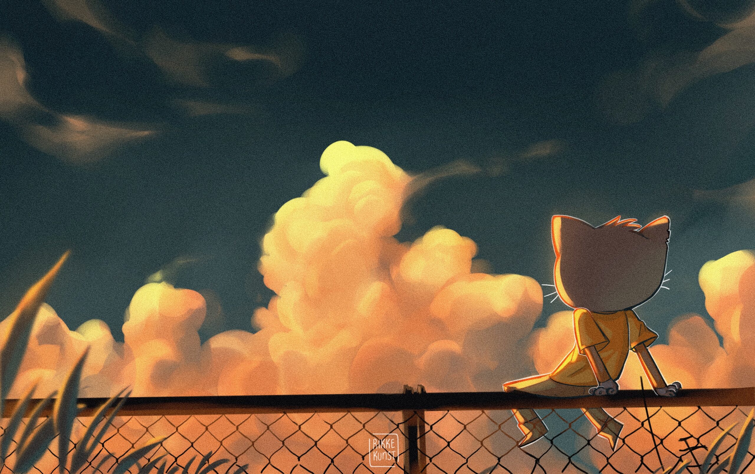 a illustration fanart from night in the woods with may sitting on a fence and looking at the sundown
